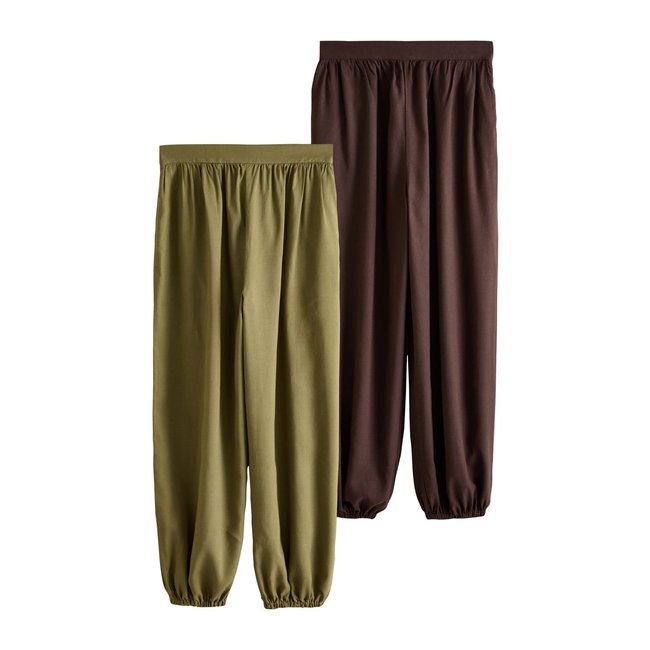 Pantalon bouffant en lin mélangé, lot de 2 brun chocolat/vert kaki <span itemprop=