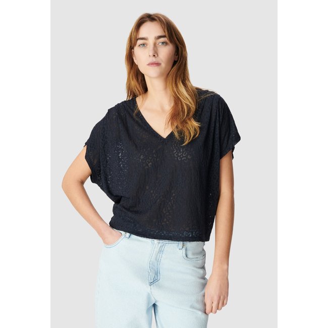 Tee-shirt uni col V marine foncé <span itemprop=