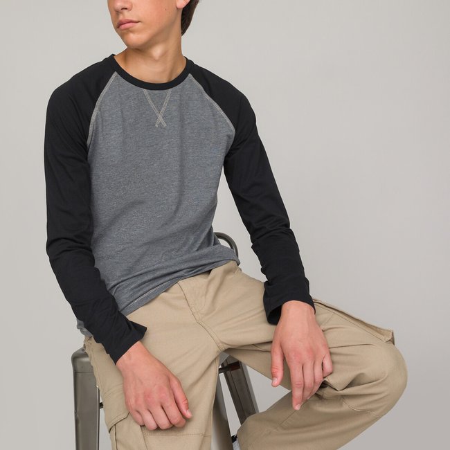 Two-Tone Cotton T-Shirt with Long Raglan Sleeves, grey marl/black, LA REDOUTE COLLECTIONS