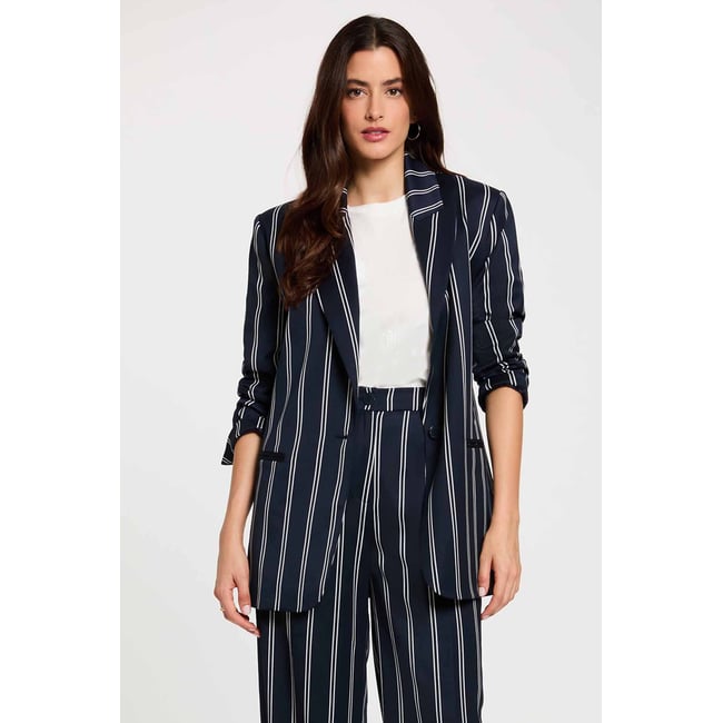 Blazer rayé col tailleur bleu marine <span itemprop=