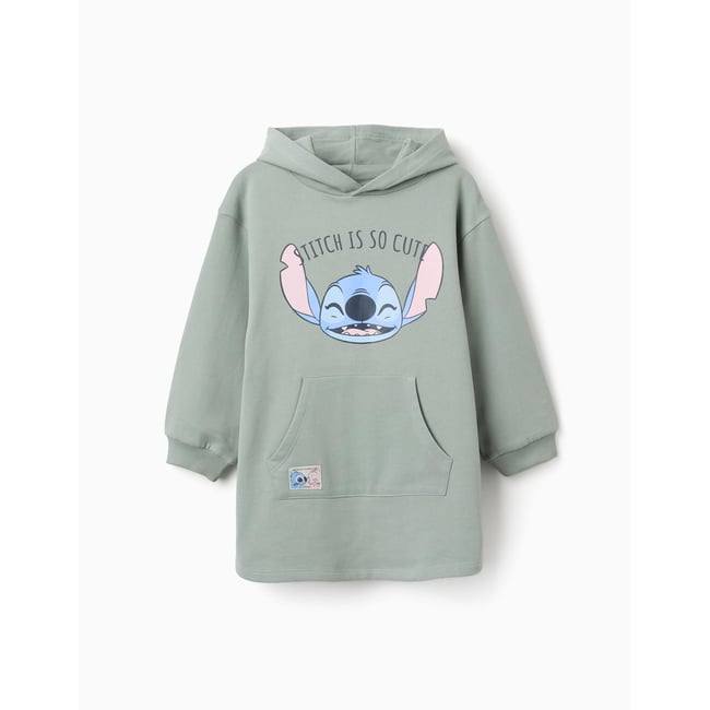 Robe sweat en coton peigné à capuche et imprimé Stitch vert <span itemprop=