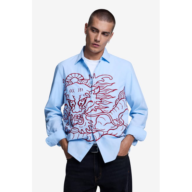 Chemise brodée dragon bleu <span itemprop=