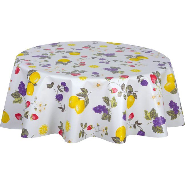 Nappe en toile cirée ronde motifs citron CAPRI multicolore <span itemprop=