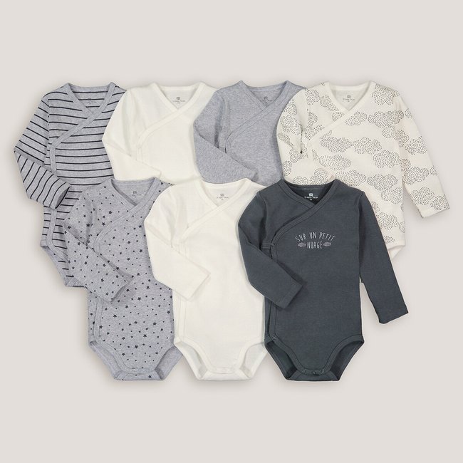 Lot de 7 bodies naissance à manches longues gris chiné + écru + anthracite <span itemprop=