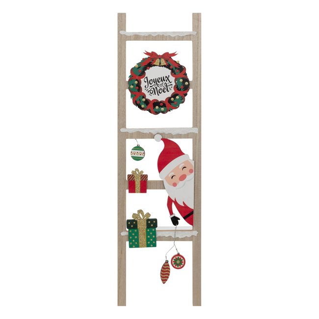 Pancarte échelle Joyeux Noël en bois avec Père Noël et couronne Couleur multicolore <span itemprop=