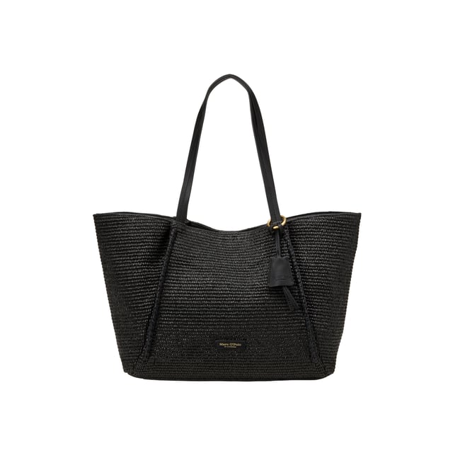 Shopper en raphia large avec détails élégants en cuir véritable noir <span itemprop=