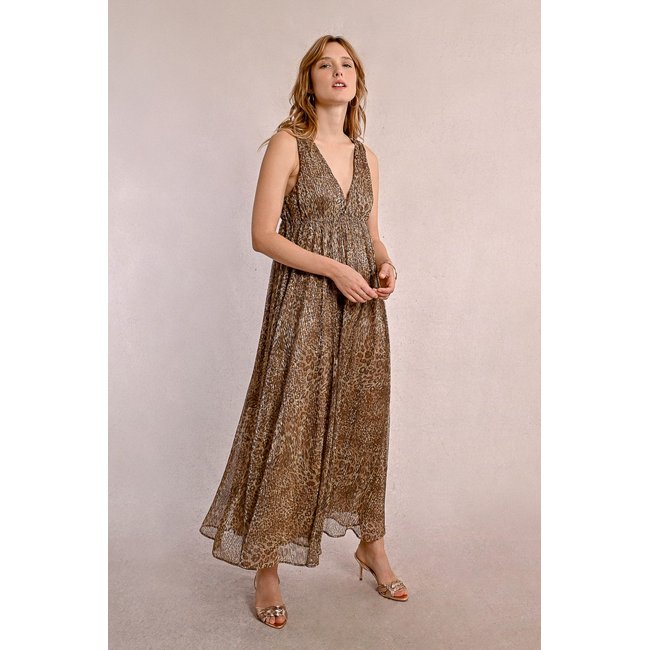 Robe longue léopard beige <span itemprop=