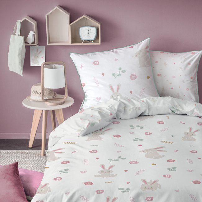 MATT & ROSE Parure da letto per bambini, 100% cotone, Oeko-TEX | copripiumino 140 x 200 cm + federa 63 x 63 cm, stampa ragazza, bianco