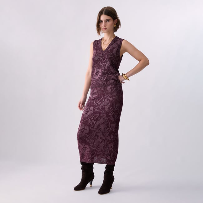 Jupe Midi en Dentelle Lamé aubergine <span itemprop=