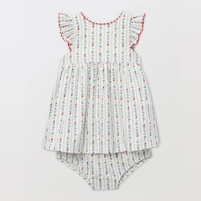 Robe avec bloomer rayés et imprimés en coton BIO GOTS ecru <span itemprop=