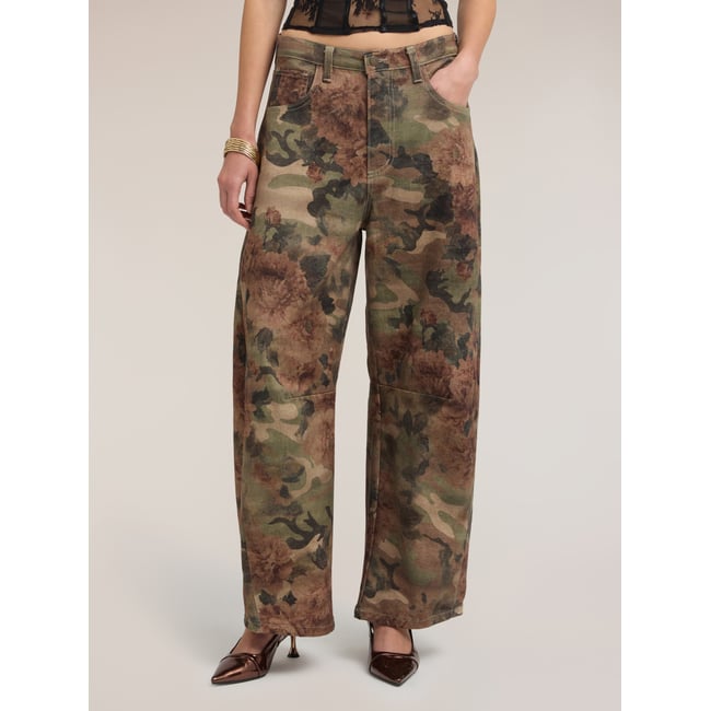 Pantalon coupe barrel à motif floral verde militare <span itemprop=