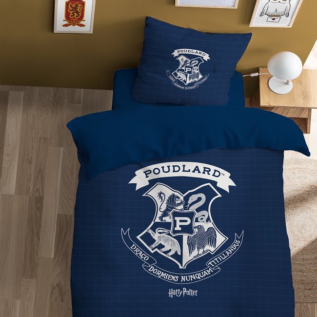 Lenzuola Harry Potter 100% Cotone – Copripiumino 140x200 + Federa 63x63 – Blu Con Stemmi Delle Case