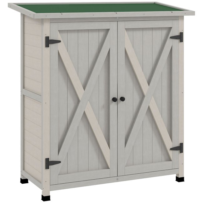 Abri de jardin 2 portes 2 étagères bois sapin pré-huilé gris clair gris <span itemprop=