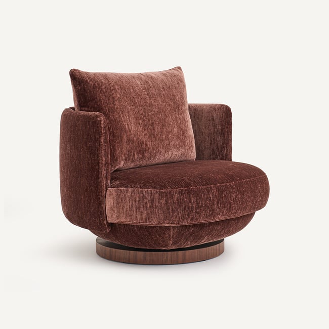 Sillón giratorio de terciopelo texturado y chapa de nogal, ROSEO rosa viejo  <span itemprop=