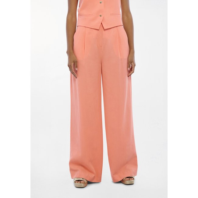 Pantalon palazzo à plis en lin mélangé corail <span itemprop=
