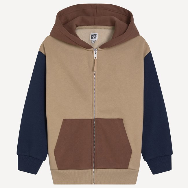 Sweat zippé à capuche, color block, en molleton bleu marine/marron <span itemprop=
