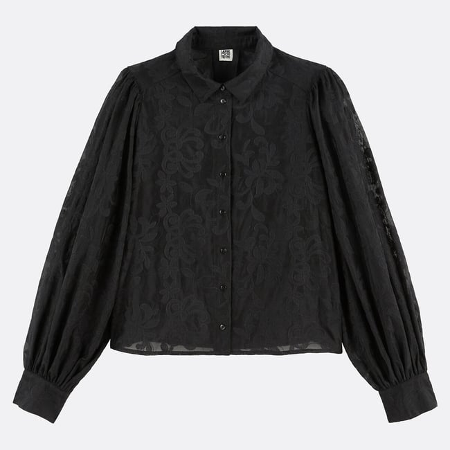 Chemise ample brodée, manches bouffantes noir <span itemprop=