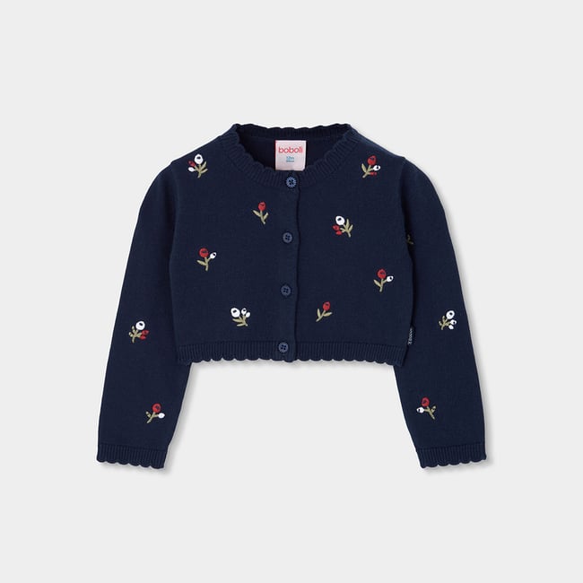 Gilet en maille fille broderie fleurs bleu <span itemprop=