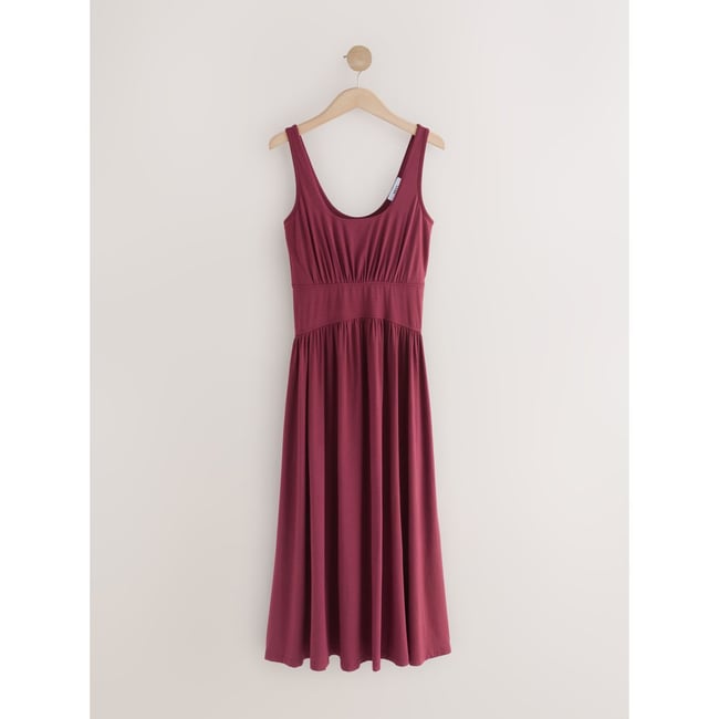Robe d'été mi-longue cintrée en jersey violet prune <span itemprop=