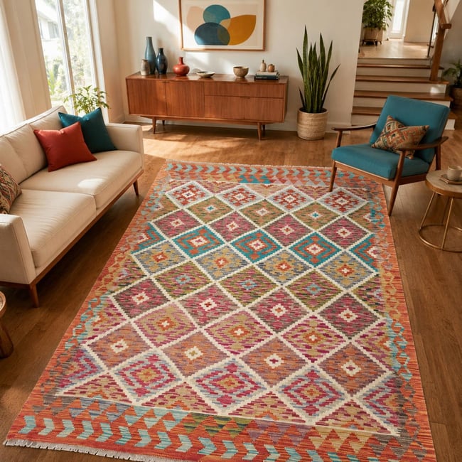 Tapis kilim au motif ethnique, tissé plat en laine, KILIM 29 Couleur multicolore, bleu, orange <span itemprop=