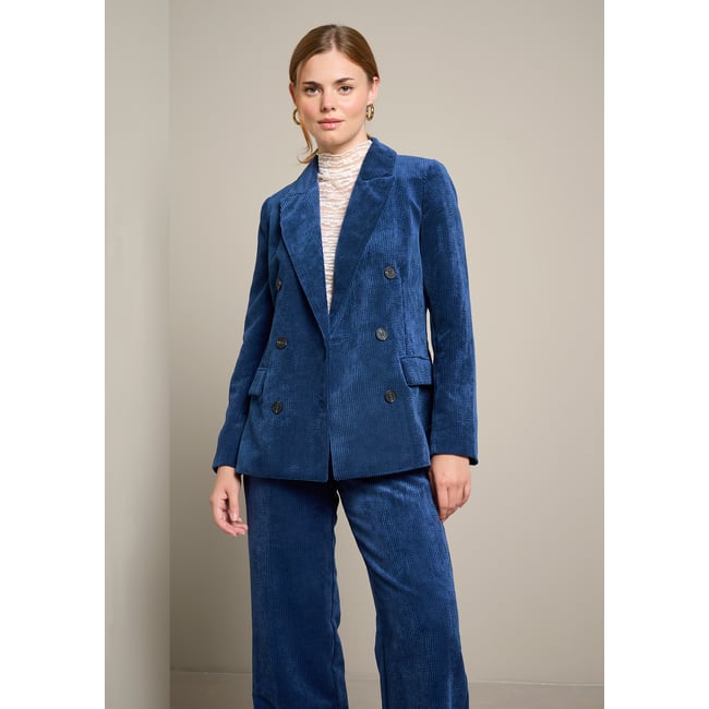 Blazer croisé en velours côtelé bleu marine <span itemprop=