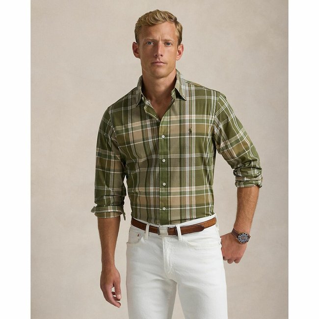 Camisa ceñida de popelín elástico verde aceiutuna <span itemprop=