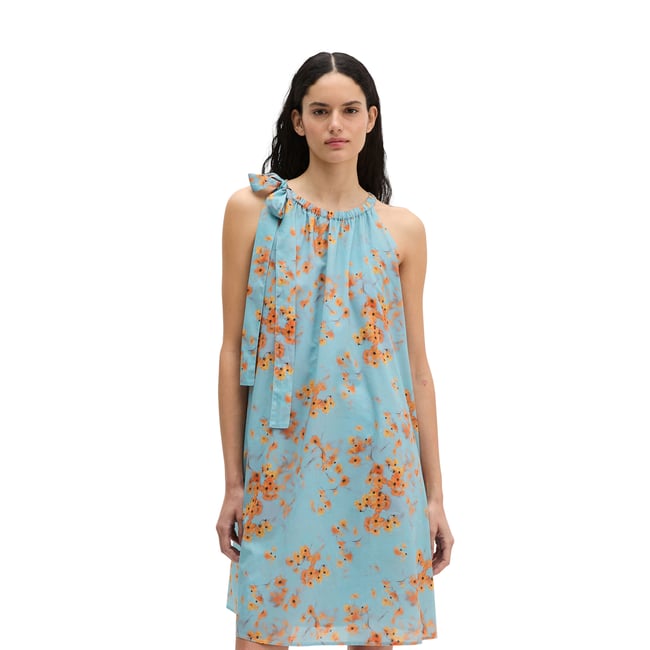 Robe d'été sans manches loose en voile de coton imprimé bleu moyen <span itemprop=