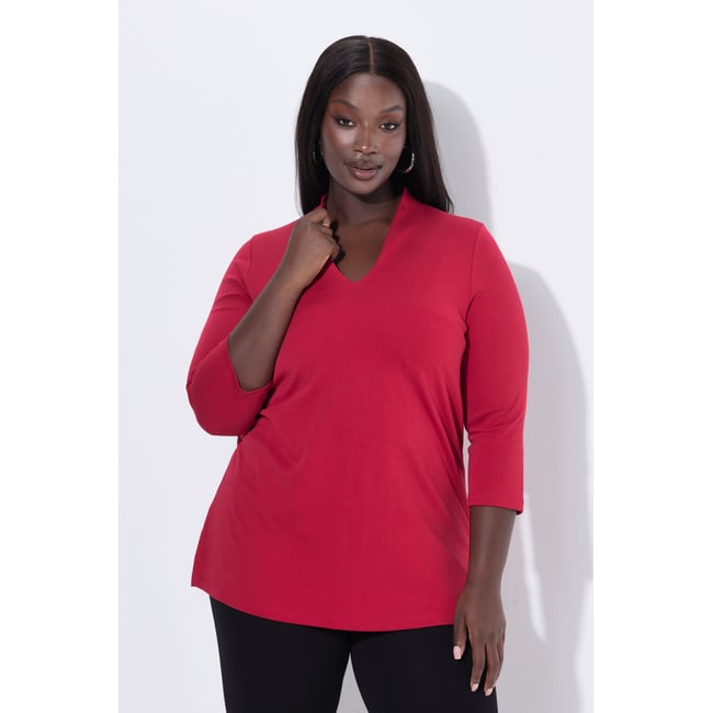 T-shirt à manches 3/4 et col calice en coton rouge cerise <span itemprop=