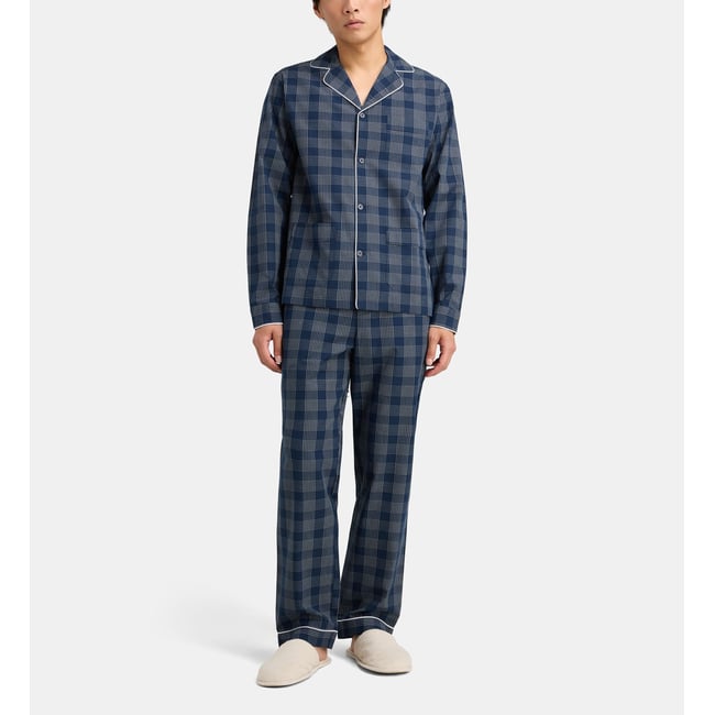 Pyjama long domo en popeline de coton bio bleu marine <span itemprop=