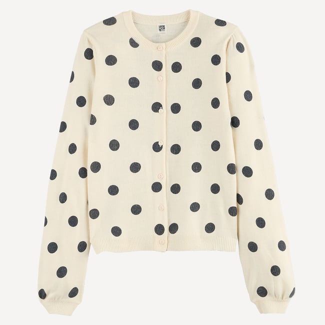 Cardigan en fine maille, motif à pois imprimé pois <span itemprop=