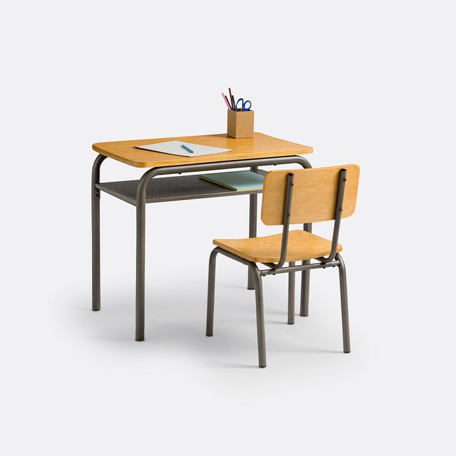 Bureau et chaise d’écolier vintage Buton gris/bois LA REDOUTE INTERIEURS