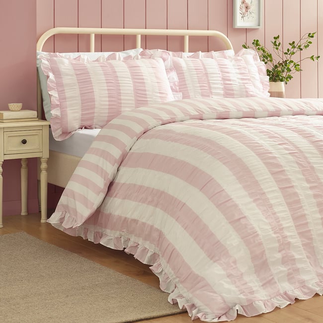 Seersucker Frill Stripe Duvet Cover And Pillowcase Set - CATHERINE LANSFIELD
