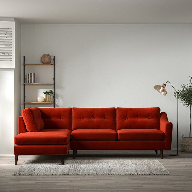 Rosa Curve Buttoned Velvet Chaise - Left facing with Dark Wood Legs - SO'HOME