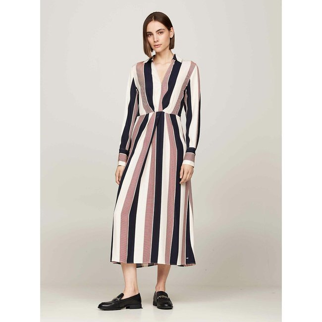 Robe midi rayée, manches longues blanc <span itemprop=