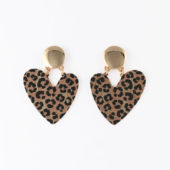 Boucles d'oreilles cœurs Balagane imprimé léopard marron <span itemprop=