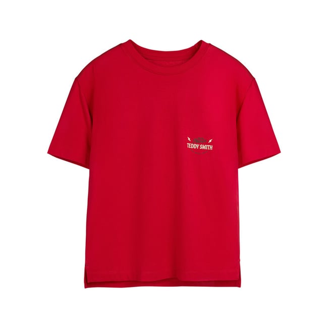 T-shirt en coton rouge imprimé à la poitrine et au dos avec un col rond rouge <span itemprop=
