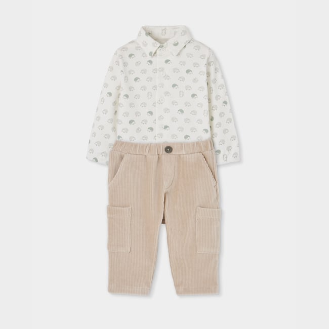 Ensemble bébé garçon en maille imprimé hérissons beige <span itemprop=