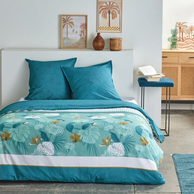 Parure de lit imprimé Floral coton SUNSHINE JANELLE bleu <span itemprop=