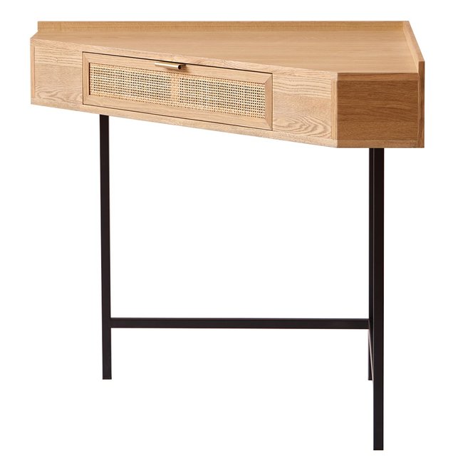 Bureau d'angle, bois et rotin, 1 tiroir, SETO Couleur bois naturel <span itemprop=