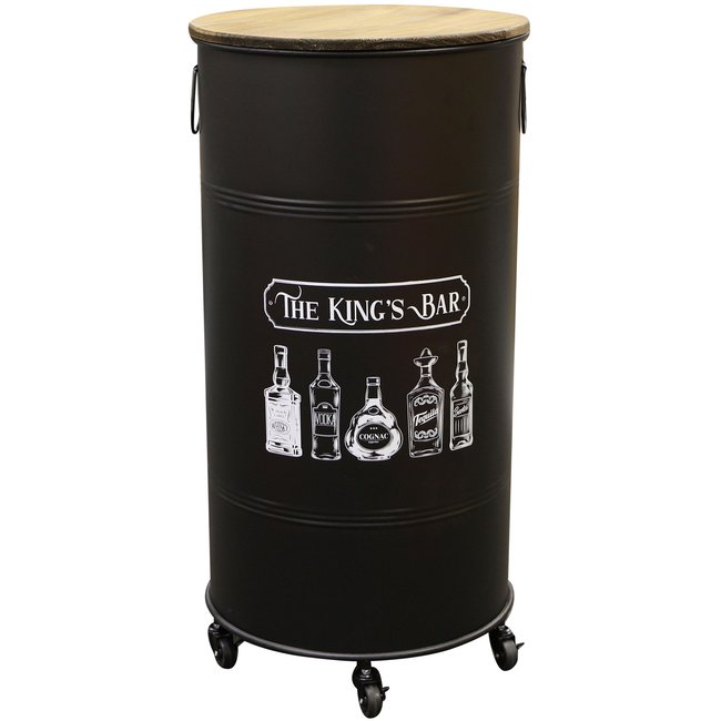 Bar à roulettes bidon métal et bois 50x50x100cm Couleur noir <span itemprop=
