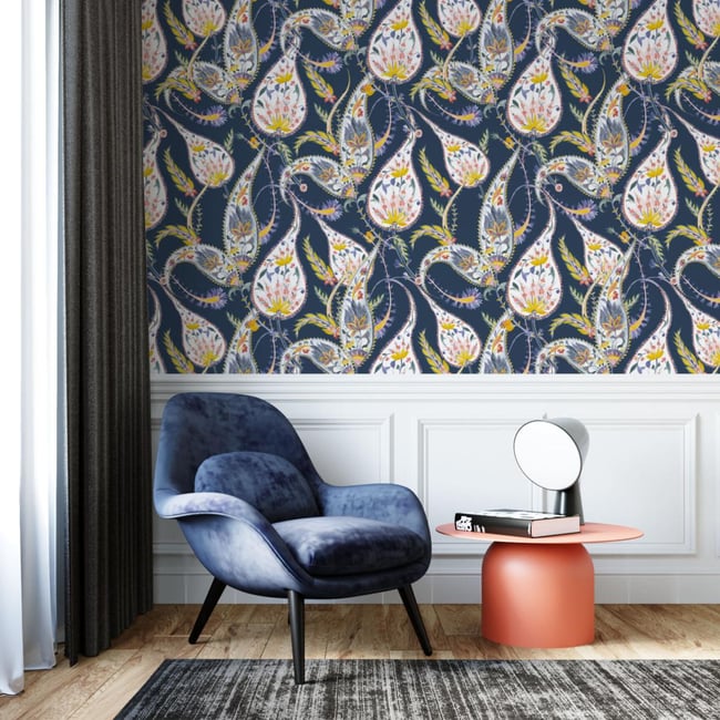 Papier peint à motif paisley oriental - 425x260 cm (l x h) Couleur bleu <span itemprop=