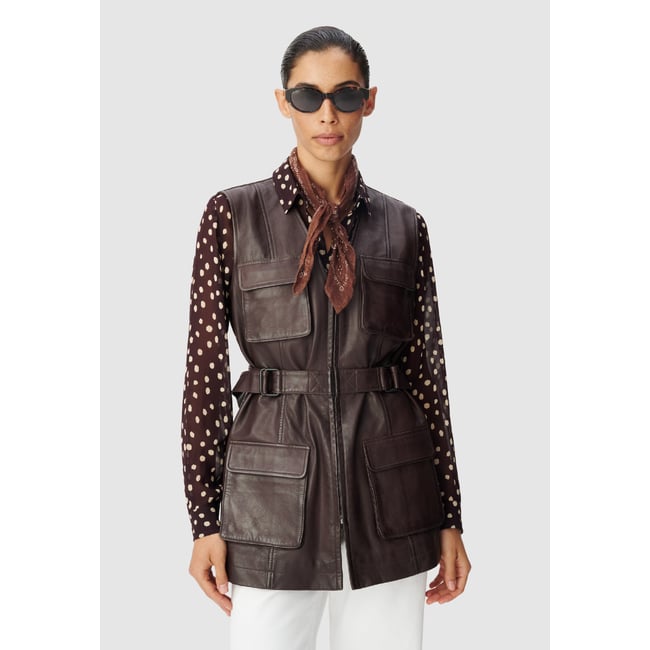 Saharienne cuir ceinturée marron foncé <span itemprop=