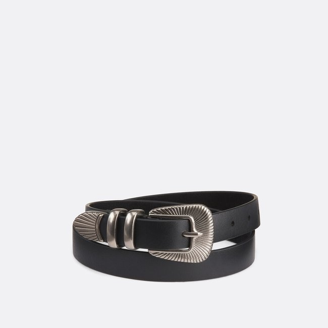 Cinturón de cuero con hebilla western negro <span itemprop=