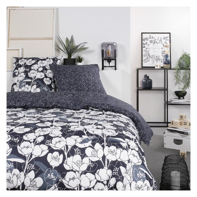 Parure de lit coton zippée 2 personnes imprimé floral MAWIRA bleu <span itemprop=
