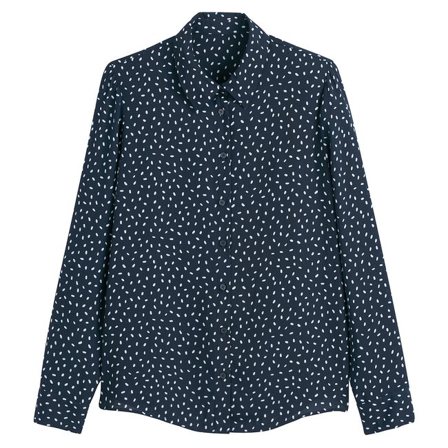 Chemise à pois, manches longues imprimé pois fond marine <span itemprop=