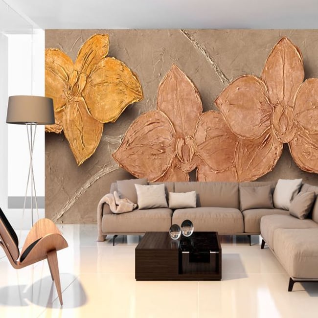 Papier peint intissé panoramique Fleurs Painted Orchids Couleur orange / cuivré <span itemprop=