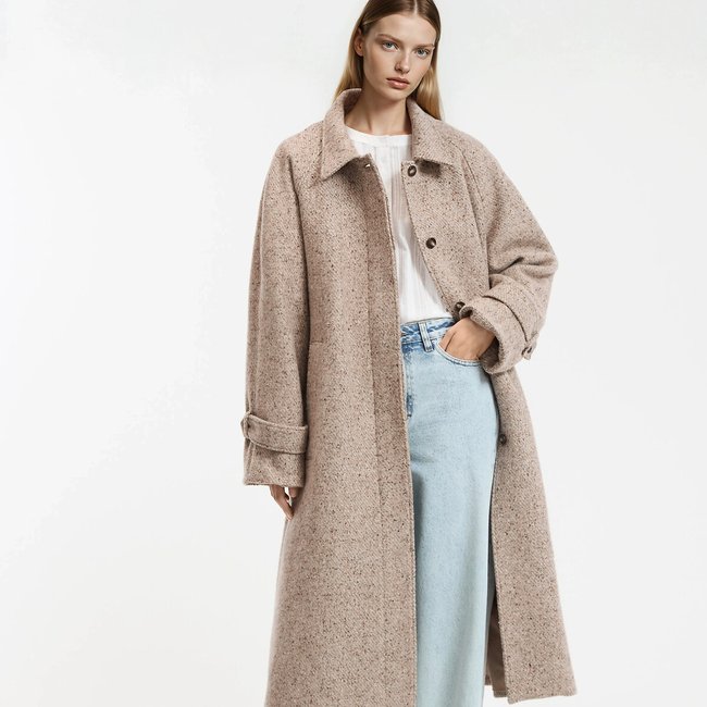 Manteau drap de laine mélangée, Signature ISIDORE beige chiné <span itemprop=