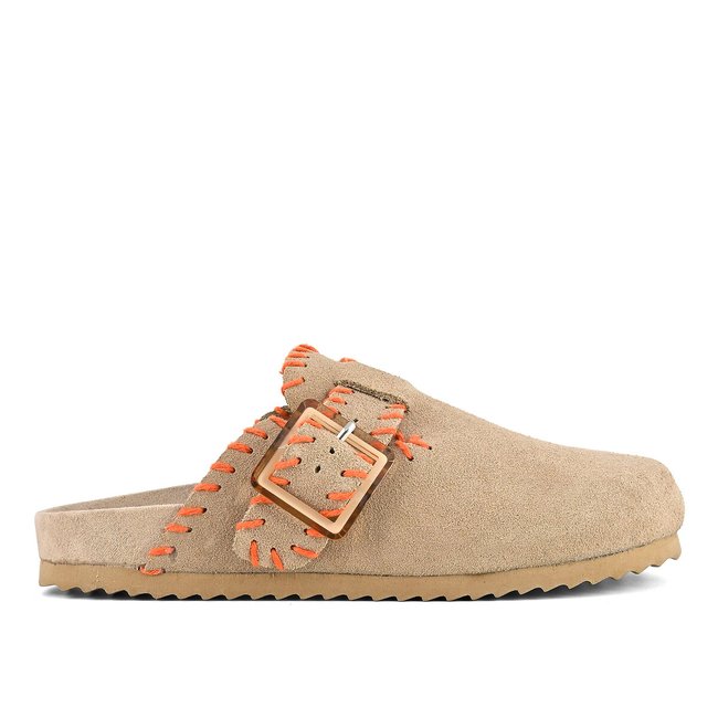 Sabots en cuir avec surpiqûres beige <span itemprop=