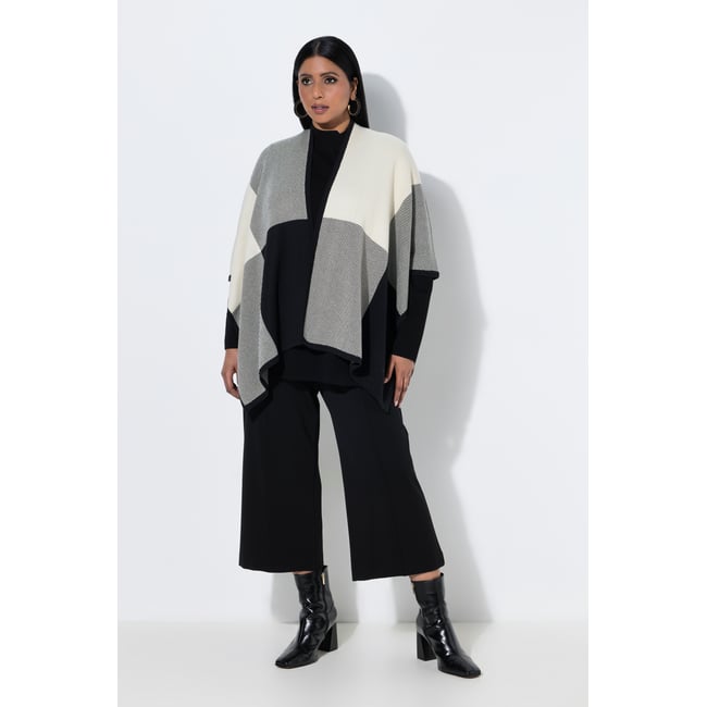 Poncho à carreaux, coupe ouverte noir <span itemprop=