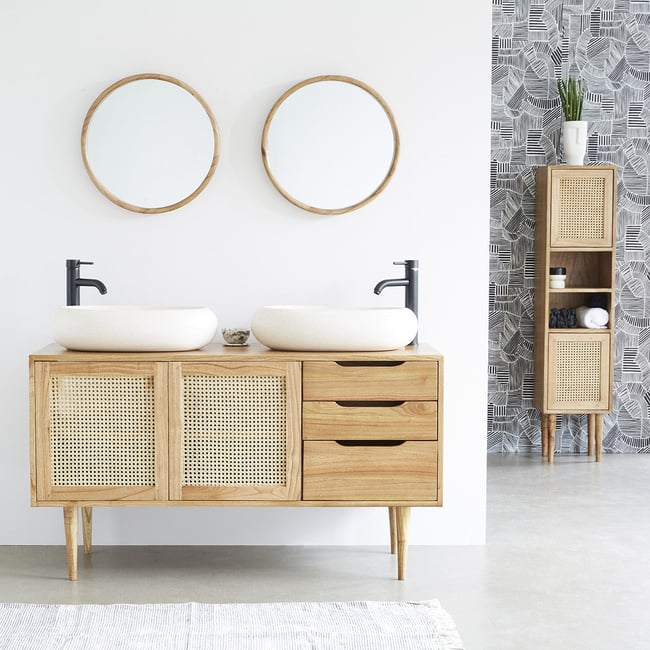 Meuble de salle de bain en mindi massif et cannage 135 cm  HANA Couleur naturel <span itemprop=